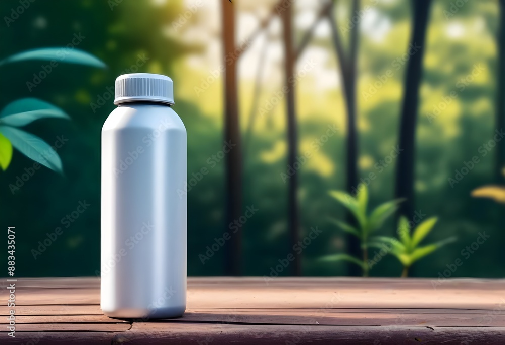 A colorful aluminum bottle with a White empty label on it, free space for your logo or brand name, on a wooden table in a blurred natural outdoor setting A colorful aluminum bottle with a White empty label on it, free space for your logo or brand name, on a wooden table in a blurred natural outdoor setting
