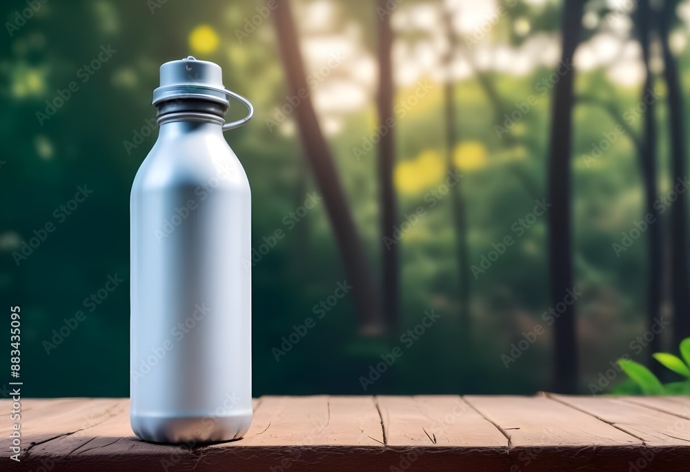 A colorful aluminum bottle with a White empty label on it, free space for your logo or brand name, on a wooden table in a blurred natural outdoor setting A colorful aluminum bottle with a White empty label on it, free space for your logo or brand name, on a wooden table in a blurred natural outdoor setting
