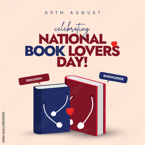 
National Book Lovers day. 9th August National Book Lovers day celebration banner, post with two books hugging each other. The day is celebrated to enjoy literature and reading by bibliophiles.
