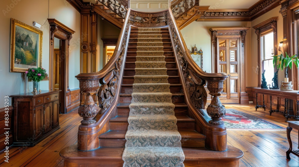 The ornate, carved staircase in the entry hall of a Suburban Victorian home, with each baluster featuring a different design, telling the story of the home's construction The ornate, carved staircase in the entry hall of a Suburban Victorian home, with each baluster featuring a different design, telling the story of the home's construction