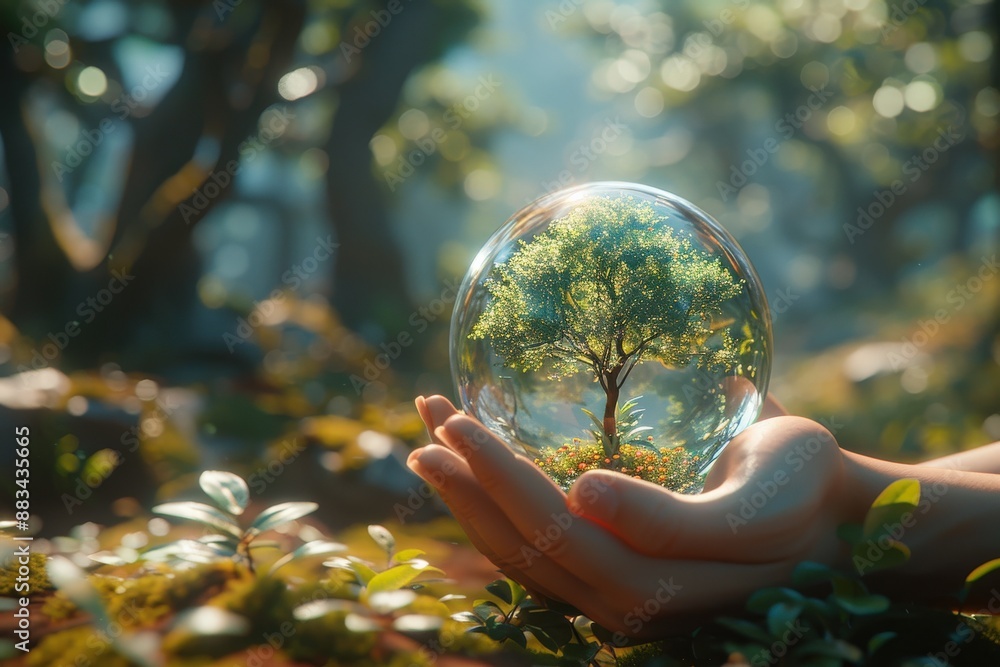 Hand Holding a Transparent Sphere Containing a Lush Green Tree in a Mystical Forest Setting with Glowing Sunlight and Vibrant FoliageNature Hand Holding a Transparent Sphere Containing a Lush Green Tree in a Mystical Forest Setting with Glowing Sunlight and Vibrant FoliageNature