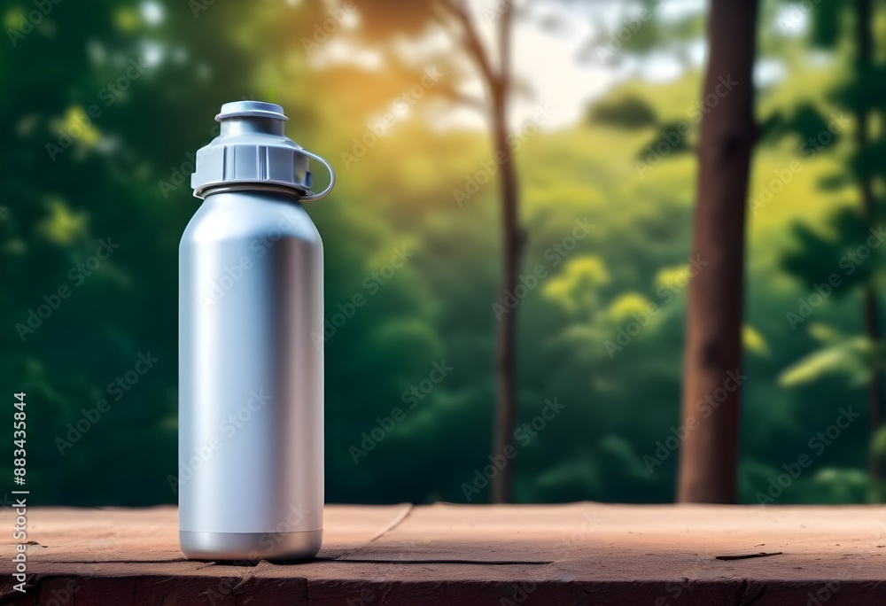 A colorful aluminum bottle with a White empty label on it, free space for your logo or brand name, on a wooden table in a blurred natural outdoor setting A colorful aluminum bottle with a White empty label on it, free space for your logo or brand name, on a wooden table in a blurred natural outdoor setting