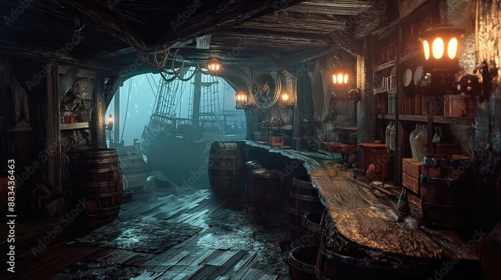 A dimly lit pirate-themed tavern interior featuring wooden barrels, a ...
