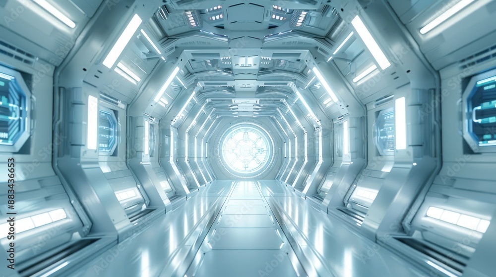 Obraz premium A futuristic spaceship interior door with holographic display panels, glowing with a cool white light, showcasing advanced technology and design.