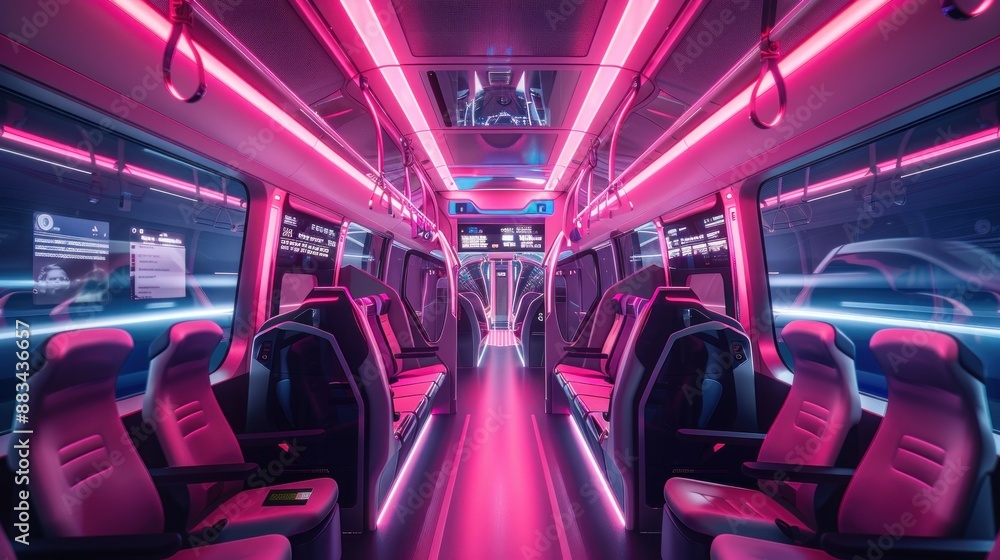 A futuristic bus interior with smart seats, digital ticketing system, and transparent LED panels, bathed in soft pink lighting. A futuristic bus interior with smart seats, digital ticketing system, and transparent LED panels, bathed in soft pink lighting.