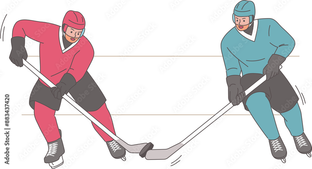 Fototapeta premium Men play hockey, trying to take puck from opponent with stick and score goal. Two hockey players from different teams participate in international tournament at winter sports olympics