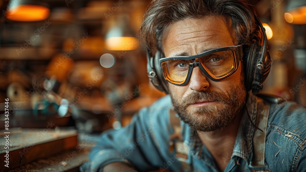 A skilled carpenter in a dimly lit workshop wearing protective eyewear and headphones concentrating on woodworking project surrounded by blurred tools and wooden surfacescarpenter A skilled carpenter in a dimly lit workshop wearing protective eyewear and headphones concentrating on woodworking project surrounded by blurred tools and wooden surfacescarpenter