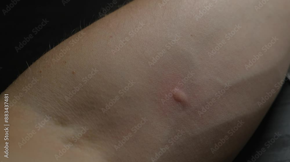 Pimple from a mosquito bite on a man's hand, close-up