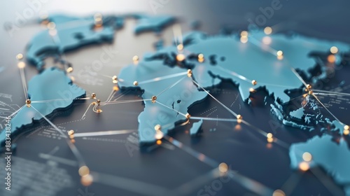 Global sales network with interconnected continents, highlighting international trade and import activities