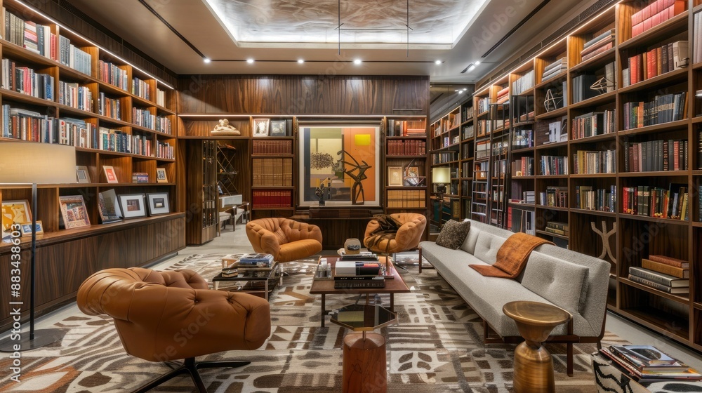 Step into a mid-century library with a timeless elegance, characterized by classic design elements, refined finishes, and luxurious fabrics. Step into a mid-century library with a timeless elegance, characterized by classic design elements, refined finishes, and luxurious fabrics.