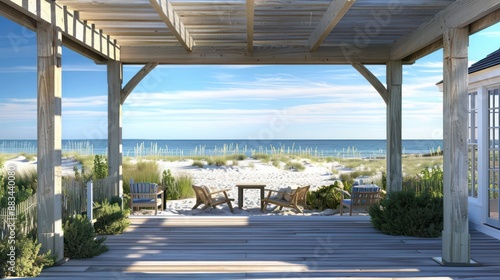 The seaside pergola of a Suburban Cape Cod home, built over the dunes and featuring a panoramic view of the beach and ocean