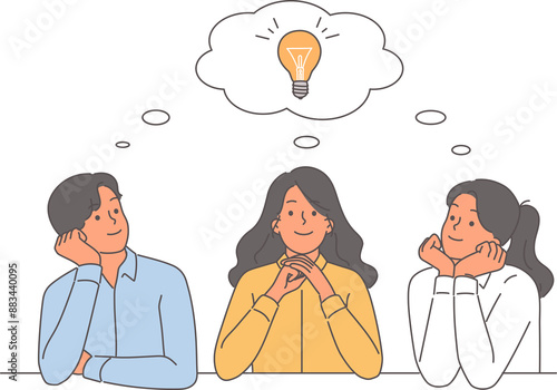 Fototapet Team brainstorming among business people coming up with idea to launch joint startup with high potential