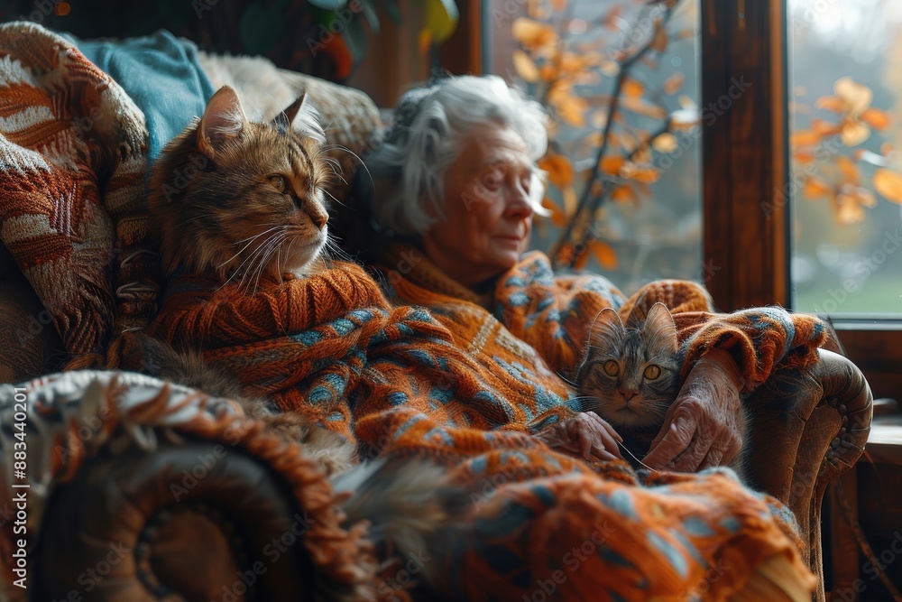 Cozy Scene of Elderly Woman and Two Maine Coon Cats Relaxing Together on a Vintage Armchair in Front of a Window During Autumn SeasonElderly woman Cozy Scene of Elderly Woman and Two Maine Coon Cats Relaxing Together on a Vintage Armchair in Front of a Window During Autumn SeasonElderly woman