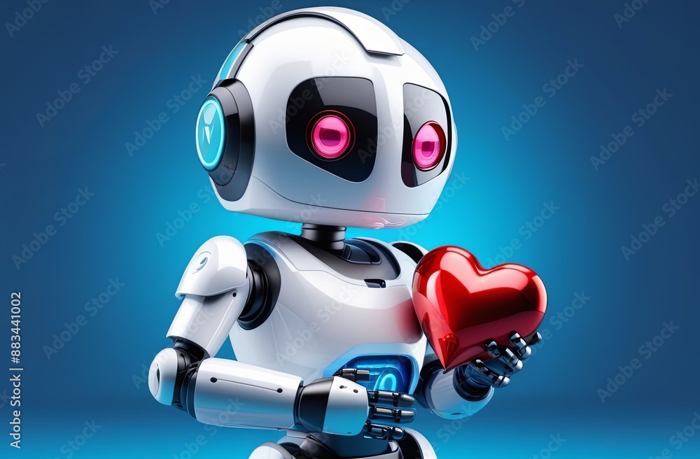 3D robot holding heart. AI Chat bot with love in his eyes. Cartoon character render in plastic style. Artificial intelligence server technology. Online communication, support assistance. 