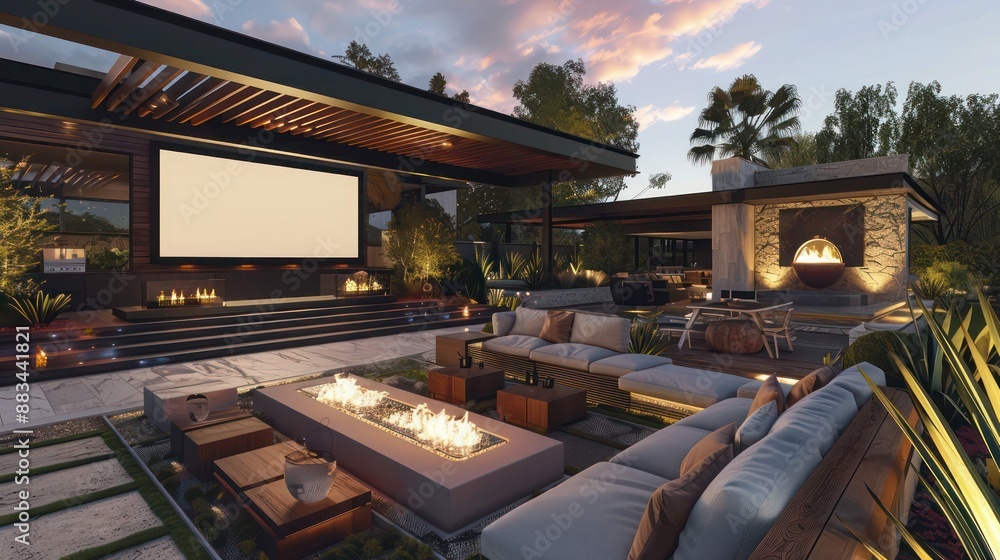 Fototapeta premium Suburban Modern home with an outdoor lounge that features a retractable roof, cinema screen, and cozy fireplaces