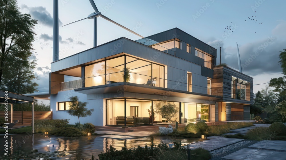 Fototapeta premium Suburban Modern home with a green energy focus, featuring a combination of wind and solar energy solutions
