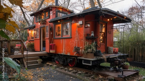 The vintage train caboose converted into a backyard retreat at a Suburban Colonial home, complete with cozy interiors and original details photo