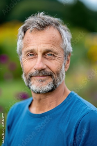 A middle-aged man with short grey hair and beard, smiling warmly at the camera in his garden with blur background