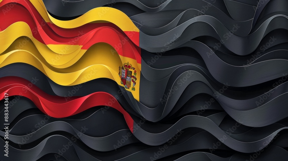 Fototapeta premium digital mockup of a waving Spanish flag on a black background with an abstract wavy texture.