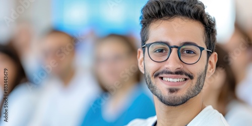 A smiling young male student wearing glasses is sitting in the lecture hall, surrounded by other students during class.