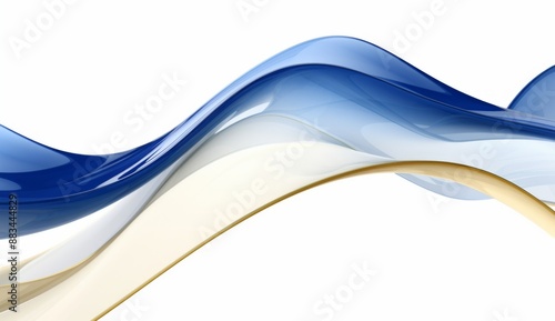 Blue and gold waves of curved shapes on a white background, rendered in 3D in the style of hd, high resolution.