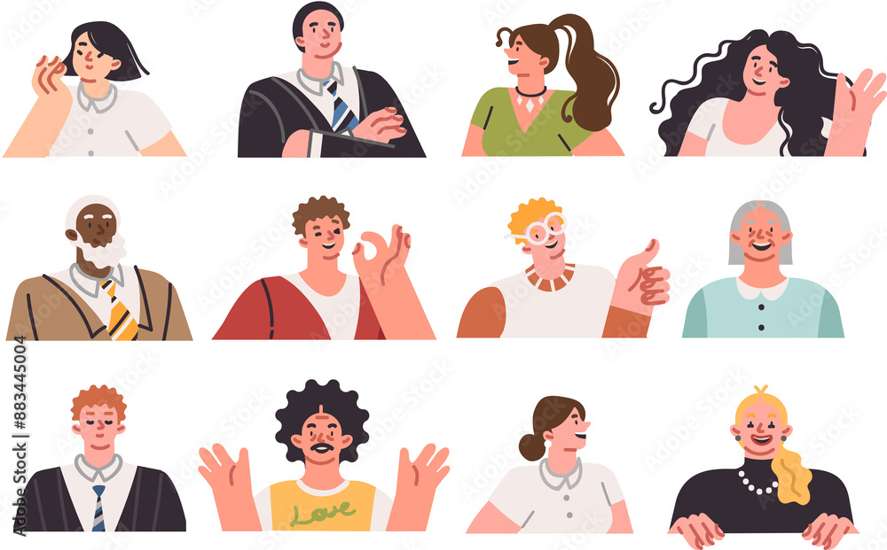 Avatars of people of different ages and nationalities, demonstrating positive mood and smile. Avatars of multicultural men and women dressed in casual or business clothes for visiting office Avatars of people of different ages and nationalities, demonstrating positive mood and smile. Avatars of multicultural men and women dressed in casual or business clothes for visiting office