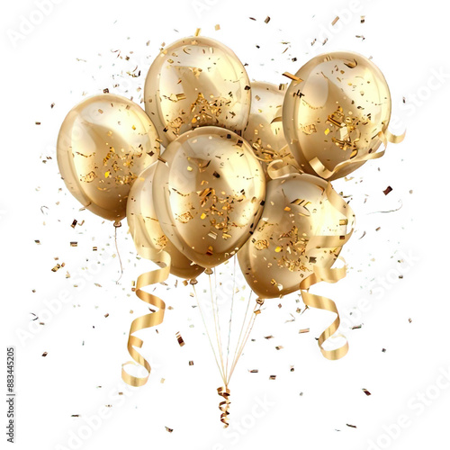 Balloon gold ballon birthday golden 3D background confetti party white. Balloon baloon ballon gold gift anniversary happy ribbon celebrate realistic isolated transparent color illustration card bunch.