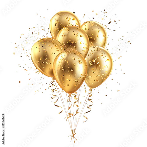 Balloon gold ballon birthday golden 3D background confetti party white. Balloon baloon ballon gold gift anniversary happy ribbon celebrate realistic isolated transparent color illustration card bunch.