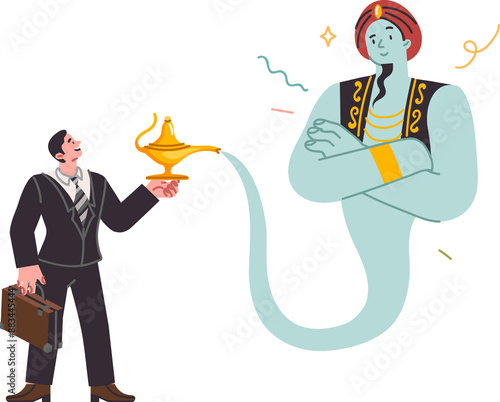 Lamp with aladdin in hands of business man who has found magical way to achieve commercial goals. Arabian aladdin flies out of ancient jug in hands of manager to fulfill any 3 wishes