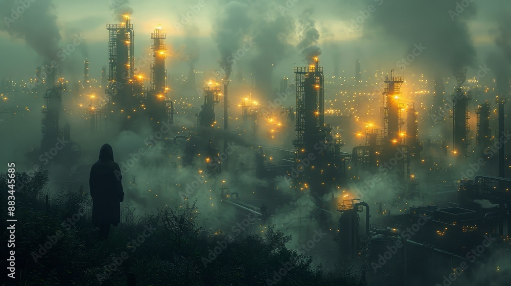 Industrial dystopian cityscape with fog and lights - generative ai Industrial dystopian cityscape with fog and lights - generative ai
