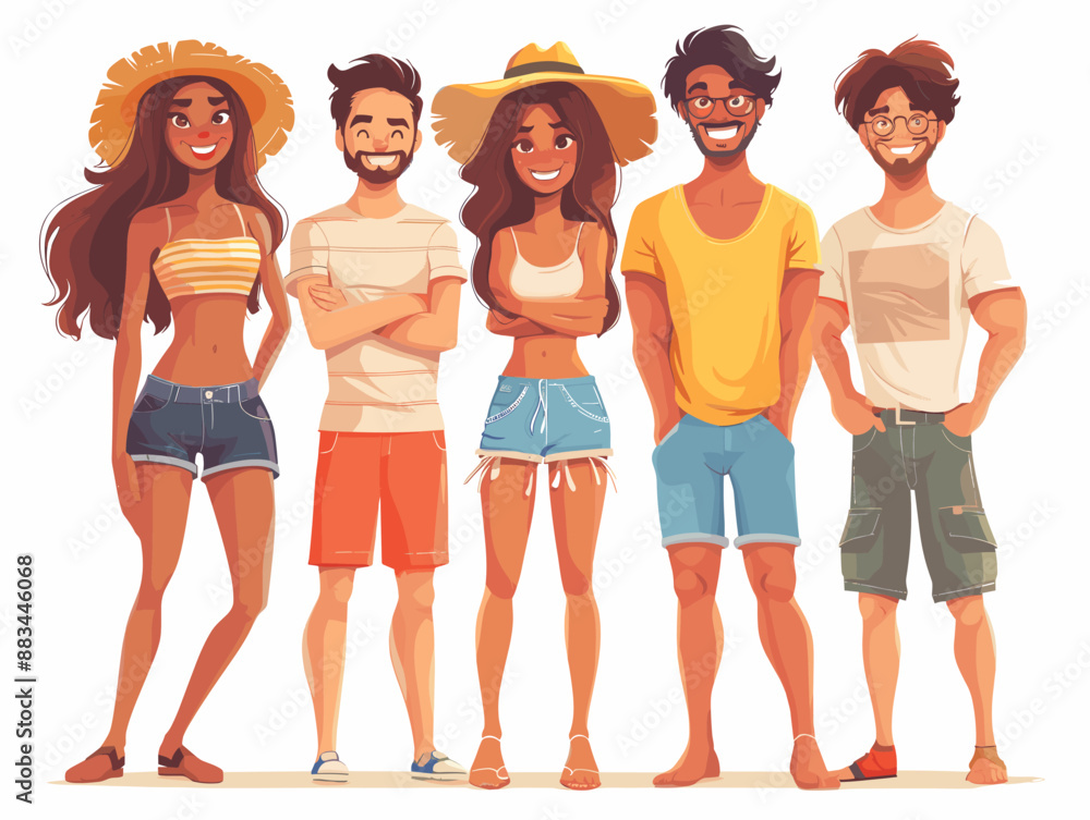 Fototapeta premium A group of people are posing for a picture, with one woman wearing a yellow shirt and a hat