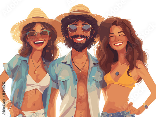 Three people are posing for a picture, with one wearing a yellow bikini and the other two wearing hats. The man is smiling and the women are also smiling, creating a happy and fun atmosphere