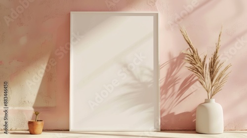 Minimalist Poster Mockup with Natural Light and Dry Plants - Elegant minimalist poster mockup featuring a blank frame, natural light, and dry plants in vases, perfect for modern design presentations.