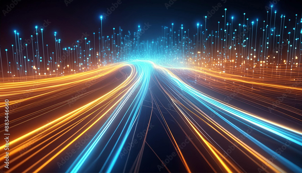 Obraz premium Optical data concept depicted by abstract glowing lines on a dark background. The high speed, vast capacity data transmission enabled by optical fiber technology in today's digital age. Generative AI
