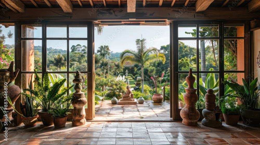 Mediterranean-style studio with large windows that open to a view of a lush garden and terracotta sculptures Mediterranean-style studio with large windows that open to a view of a lush garden and terracotta sculptures