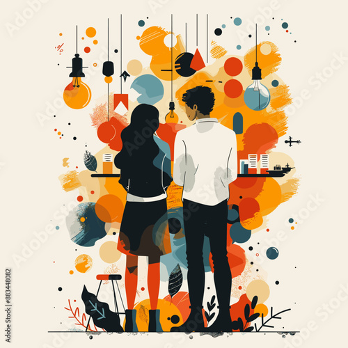 A couple is looking at a painting of a room with many lights. The painting is full of bright colors and has a lot of detail. The mood of the painting is cheerful and lively