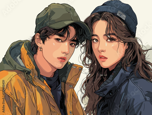 Two people wearing hats and jackets, one of them is wearing a yellow jacket. The girl is wearing a blue hat