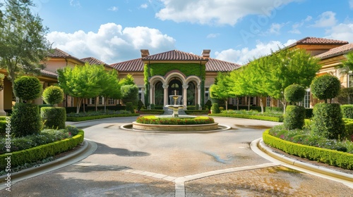 Mediterranean homea??s front garden with a circular driveway and a center fountain, framed by neatly pruned myrtle topiaries photo