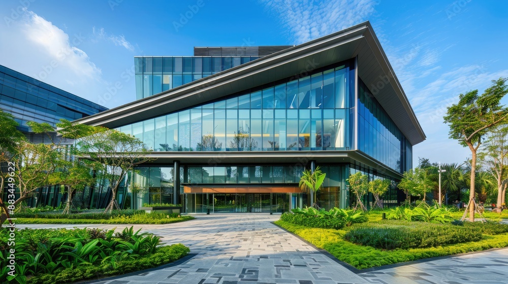 The front of a luxury commercial building with a striking glass exterior, angular design elements, and lush landscaping in the foreground. The front of a luxury commercial building with a striking glass exterior, angular design elements, and lush landscaping in the foreground.
