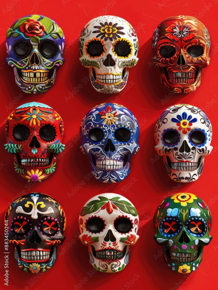 Sugar skulls on red surface Sugar skulls on red surface