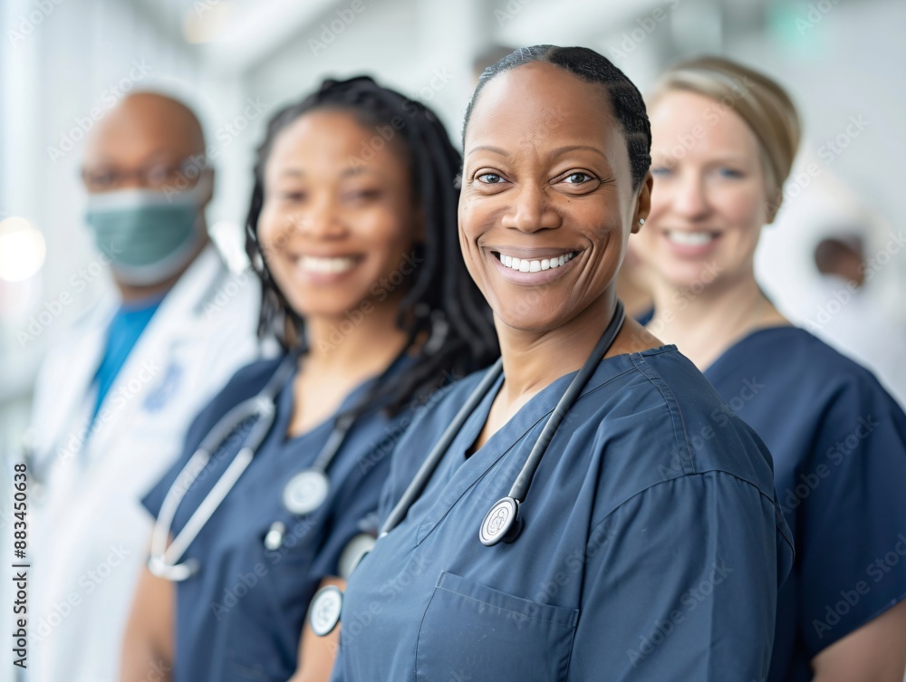 Portrait of African American woman in medical uniform with colleagues from various professions in the background. Suitable for articles and materials on diversity, inclusion, and workplace collaborati Portrait of African American woman in medical uniform with colleagues from various professions in the background. Suitable for articles and materials on diversity, inclusion, and workplace collaborati