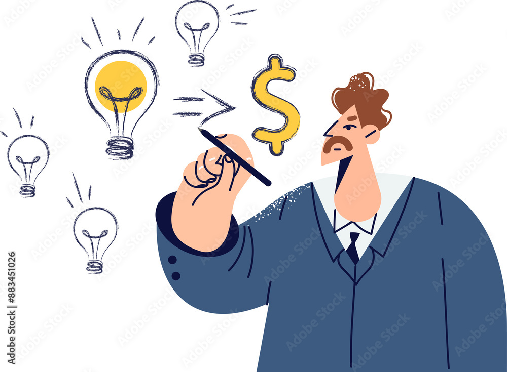 Man draws business plan with ideas for money making and attracting additional investments into company. Investor guy came up with ideas to increase dividend profits from investing in stock market Man draws business plan with ideas for money making and attracting additional investments into company. Investor guy came up with ideas to increase dividend profits from investing in stock market