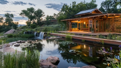 Elegant ranch with an outdoor meditation and yoga studio that overlooks a serene pond and waterfall, providing a perfect retreat for relaxation © Abdul