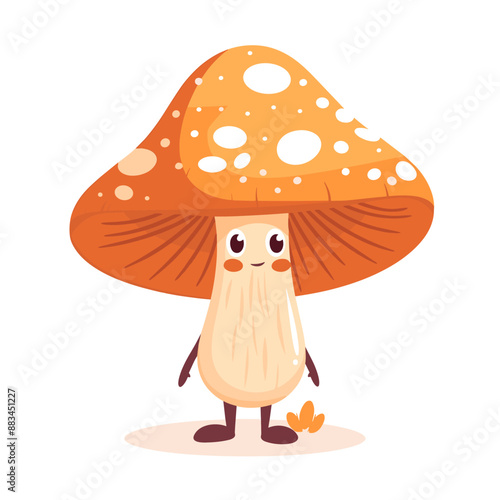 A cartoon mushroom with a smile on its face. It is orange and white. The mushroom is standing on a leaf