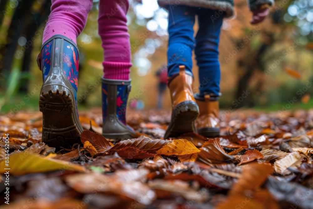 Kids walking in boots on a path covered with autumn leaves Kids walking in boots on a path covered with autumn leaves