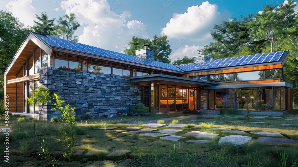Modern ranch with an environmentally friendly design, featuring solar panels, a rainwater collection system, and a passive solar greenhouse Modern ranch with an environmentally friendly design, featuring solar panels, a rainwater collection system, and a passive solar greenhouse