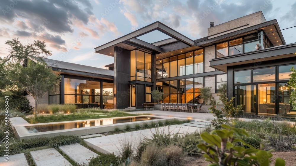 Modern ranch with an industrial chic design that incorporates raw steel elements, large windows, and minimalist landscaping Modern ranch with an industrial chic design that incorporates raw steel elements, large windows, and minimalist landscaping