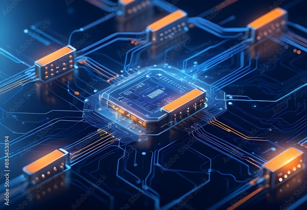 A futuristic circuit board with glowing orange nodes and interconnected lines, creating a complex and abstract technological landscape against a dark blue background A futuristic circuit board with glowing orange nodes and interconnected lines, creating a complex and abstract technological landscape against a dark blue background