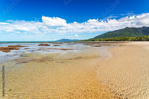 Obraz na płótnie Picturesque tropical coastal sandy beach in Cape Tribulation, Queensland, Australia. Cape Tribulation is within Daintree National Park on Coral Sea. w salonie