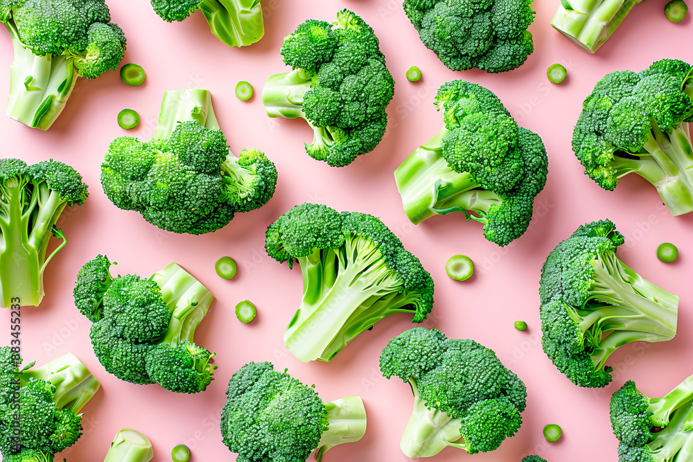 Broccoli inflorescences on a pastel pink background. Natural food. Broccoli inflorescences on a pastel pink background. Natural food.